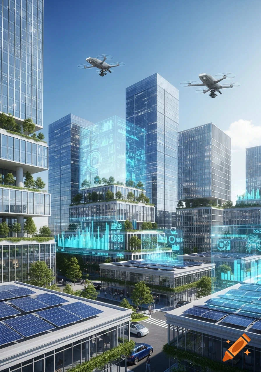 A futuristic city skyline with modern glass buildings, green terraces, solar panels, and drones flying above, displaying holographic data overlays.