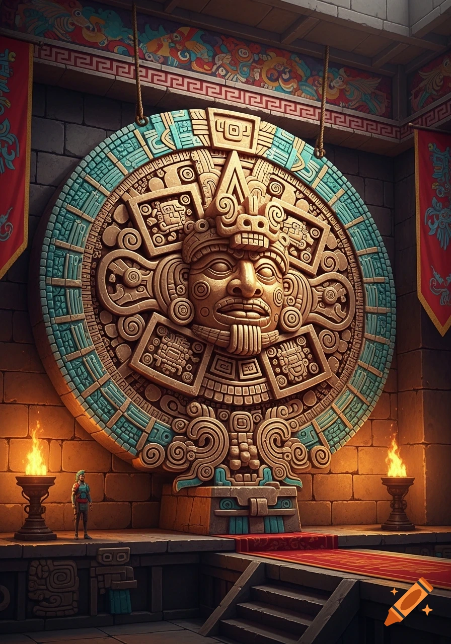 A large, detailed Aztec-style calendar stone with a deity face hangs in a stone temple, lit by torches, with a small figure.