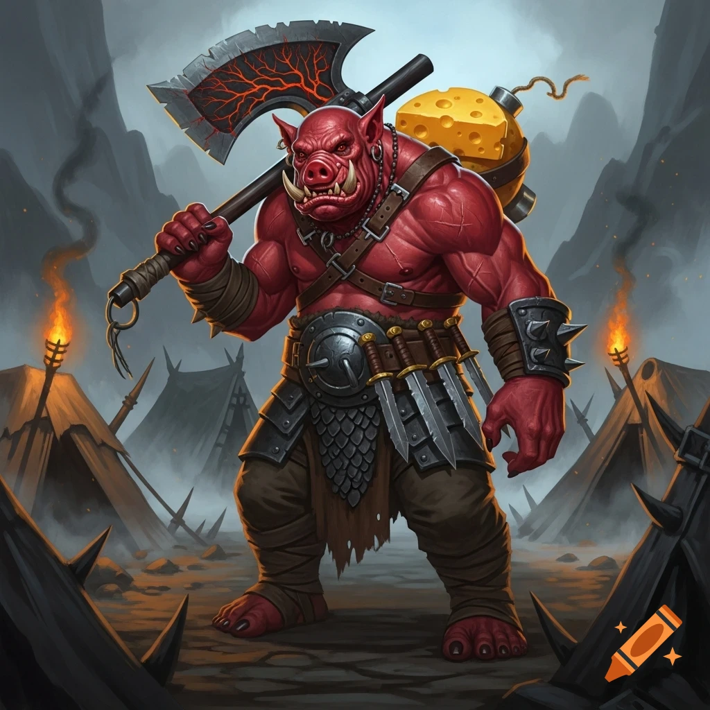 A red pig-faced orc warrior with a large axe and a cheese bomb backpack stands in a torch-lit camp, digital fantasy art.