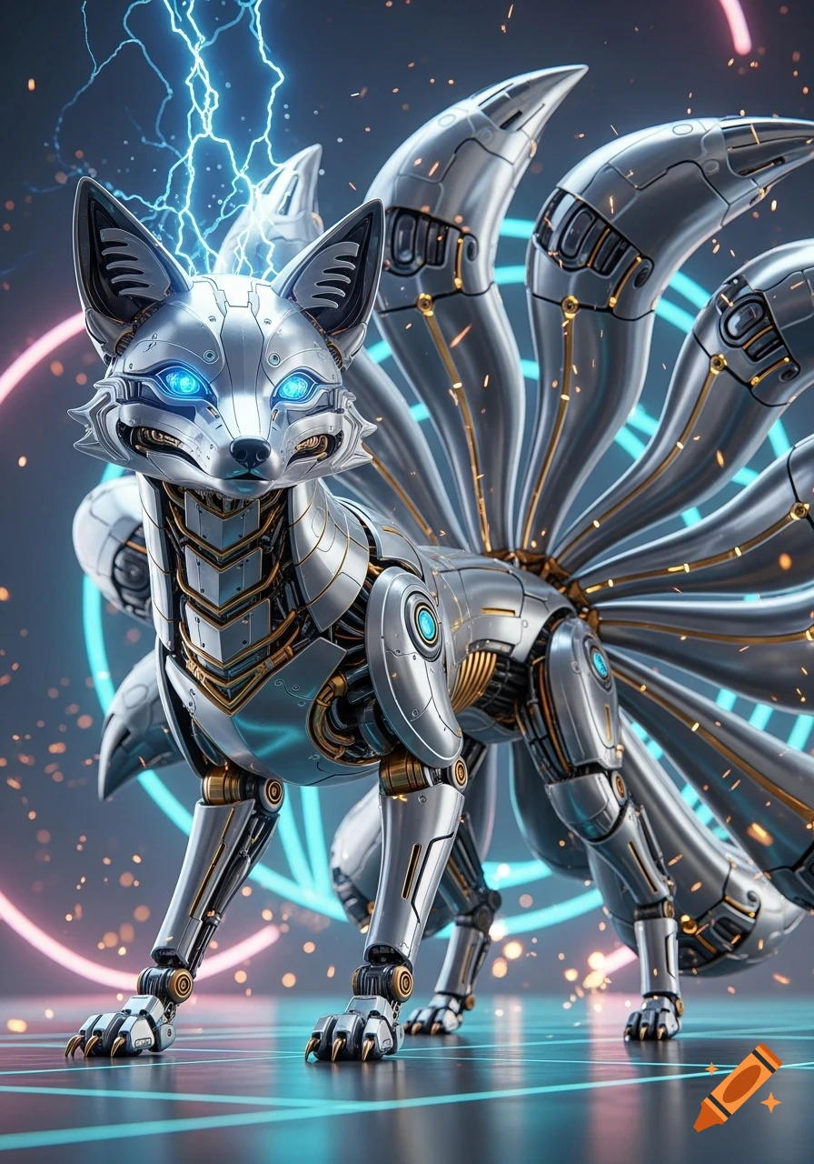 A sleek silver robotic 9-tailed fox with glowing blue eyes, gold accents, and lightning in a futuristic setting.