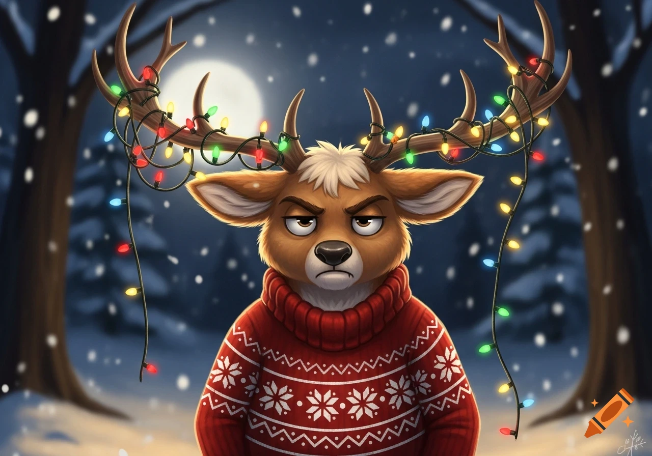A grumpy deer furry wearing a red Christmas sweater with holiday lights tangled in its antlers, standing in a snowy winter forest at night.