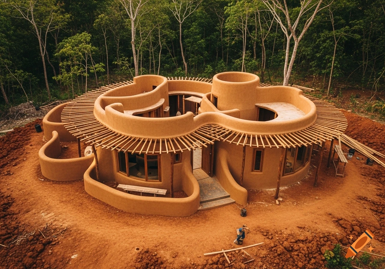 Aerial view of a circular earthen house under construction with a slatted roof, surrounded by tropical trees and reddish soil.
