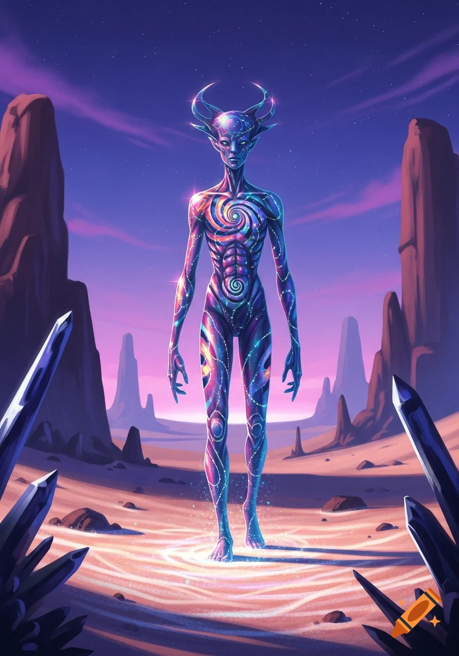 A tall, slender blue-purple alien figure with glowing spiral and dot patterns and horns stands on a sandy alien planet with jagged rock formations and glowing crystals under a vibrant purple-pink sky, digital art.