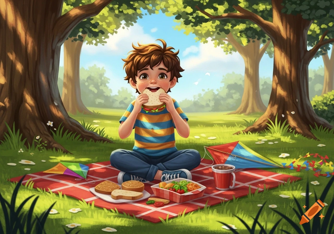 A young cartoon boy with brown hair sits on a red picnic blanket in a sunny park, eating a sandwich with a joyful expression.