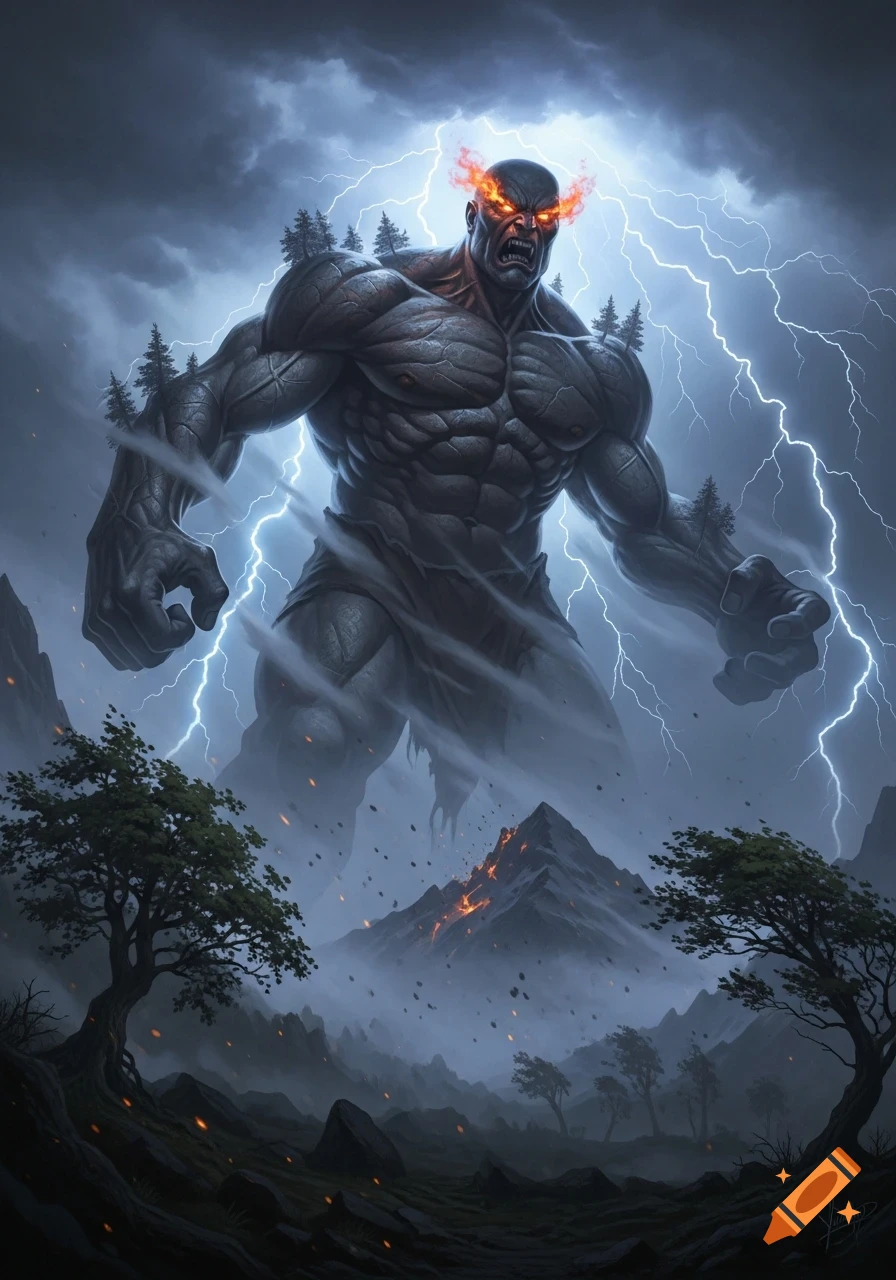 An angry, rock-skinned giant with glowing eyes stands amidst a stormy, lightning-filled mountain range with volcanic activity, dark fantasy.