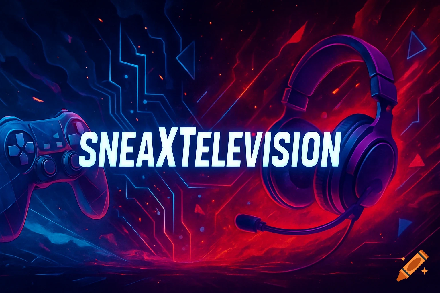 A gaming banner with a controller on the left and headphones with a mic on the right, framing 'SNEAXTELEVISION' text on a neon blue and red circuit board background.