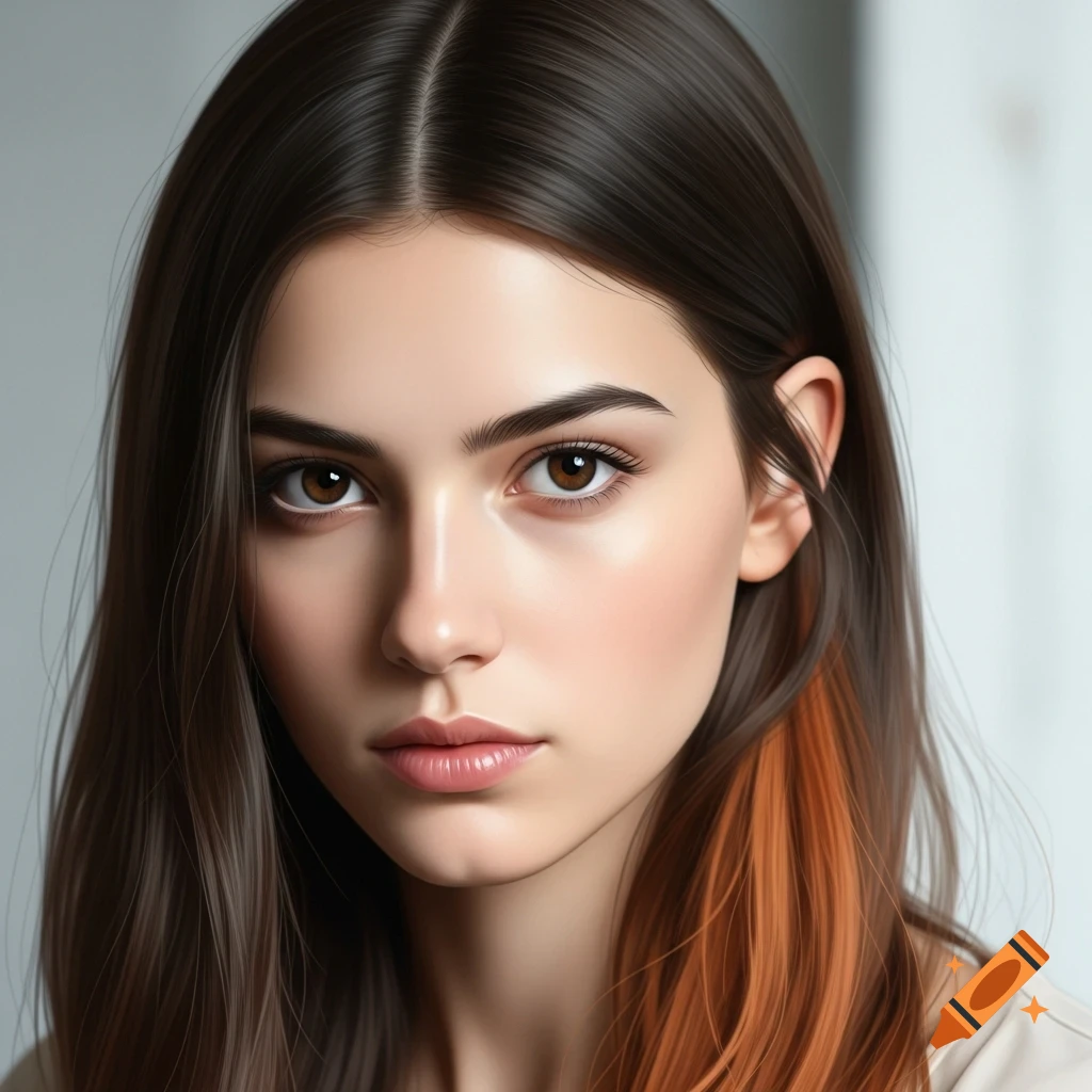 A close-up photorealistic portrait of a young woman with dark brown hair, dark brown eyes, and a ginger copper hair strand.