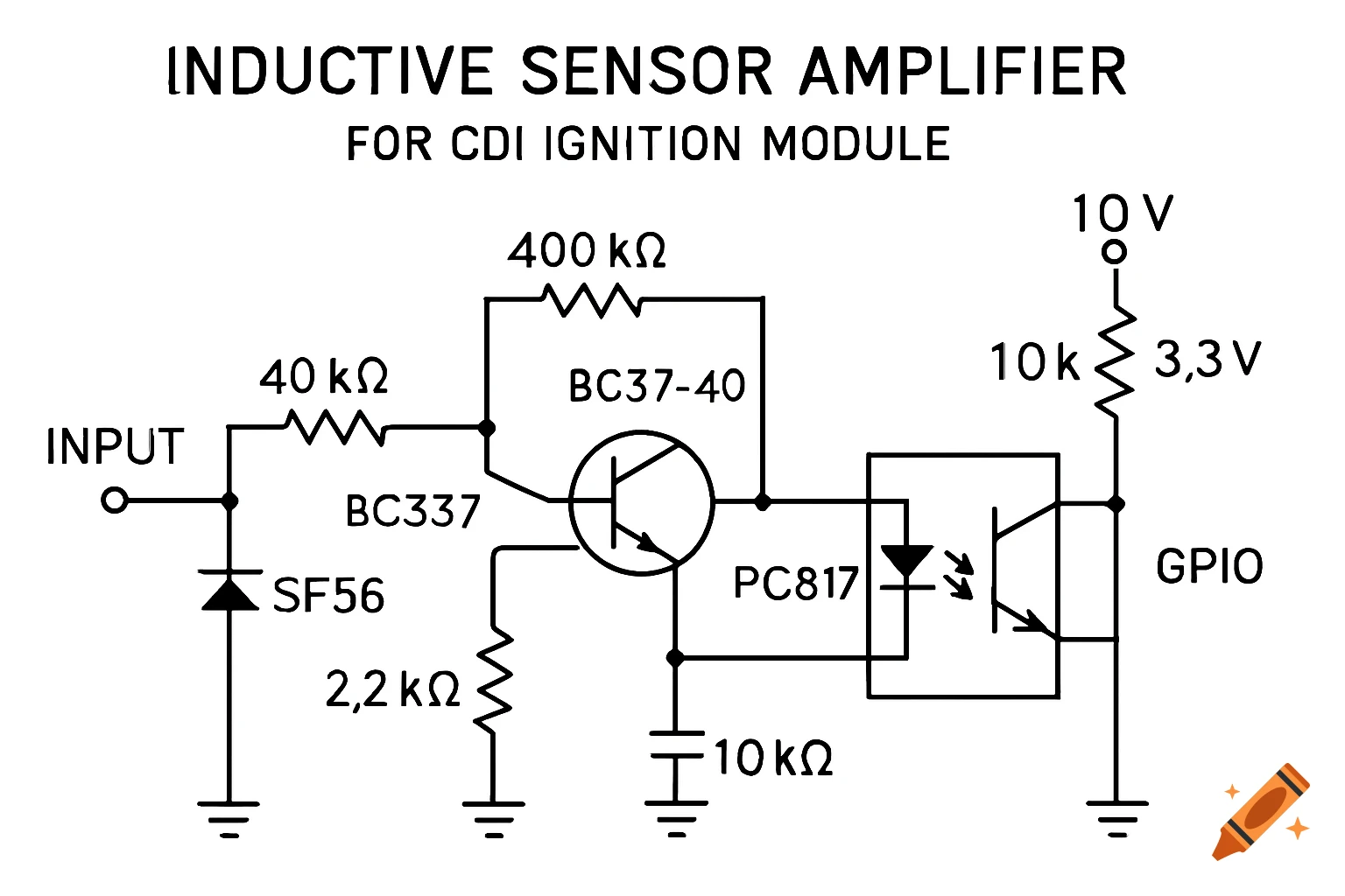 A black and white electronic schematic diagram for an inductive sensor amplifier, featuring resistors, a diode, transistors, and an optocoupler, with labeled component values and connections.