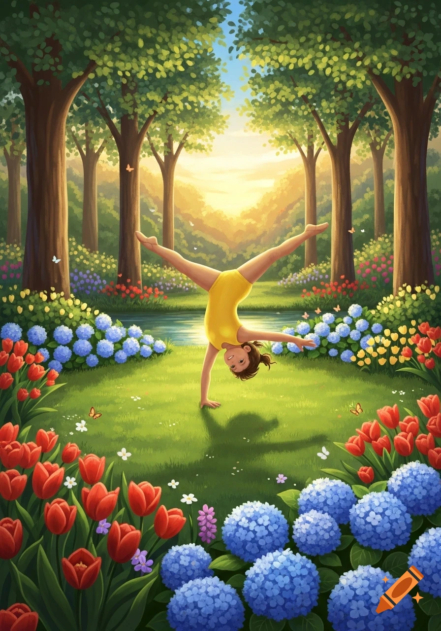 A cartoon girl in a yellow leotard doing a cartwheel in a vibrant, sunlit garden with red tulips and blue hydrangeas.