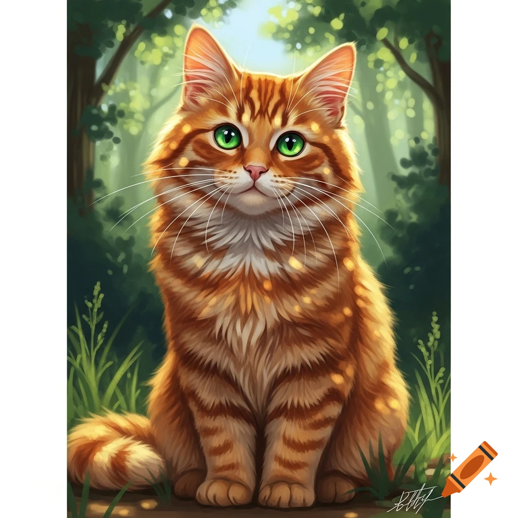 A fluffy orange tabby cat with bright green eyes sits looking forward ...