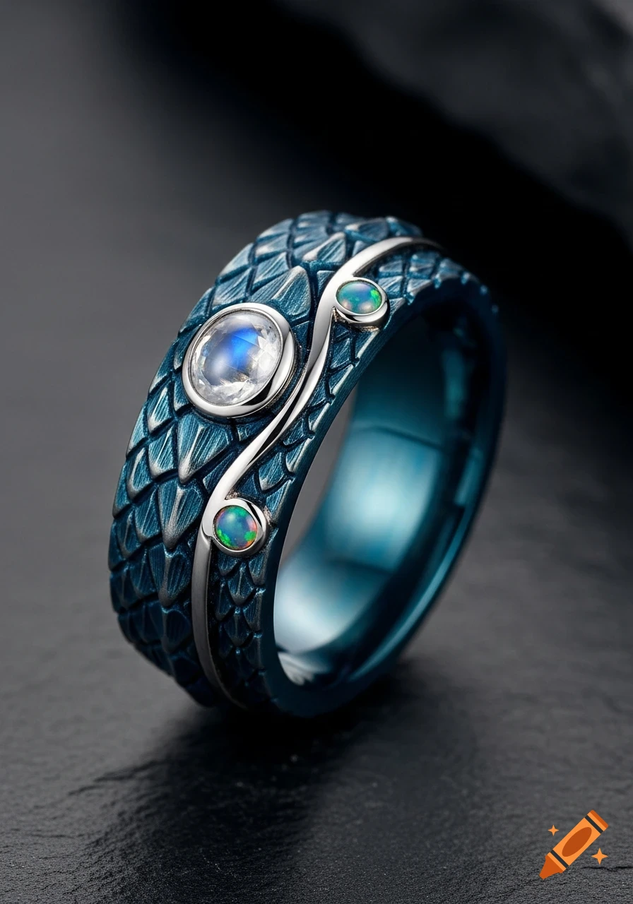A close-up of a blue dragon scale ring with a central moonstone and two smaller opals on a dark background.