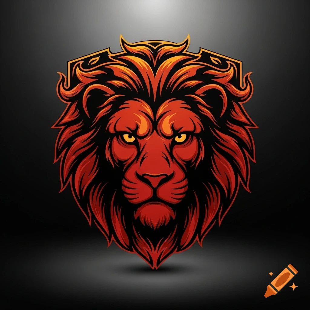 A stylized red and orange lion head logo with a fierce expression, outlined in black, against a dark grey background.
