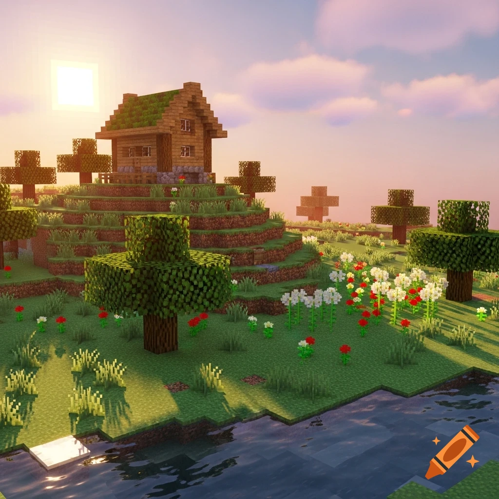 Minecraft-style landscape with a wooden house on a terraced hill, a river, and trees under a sunset sky.