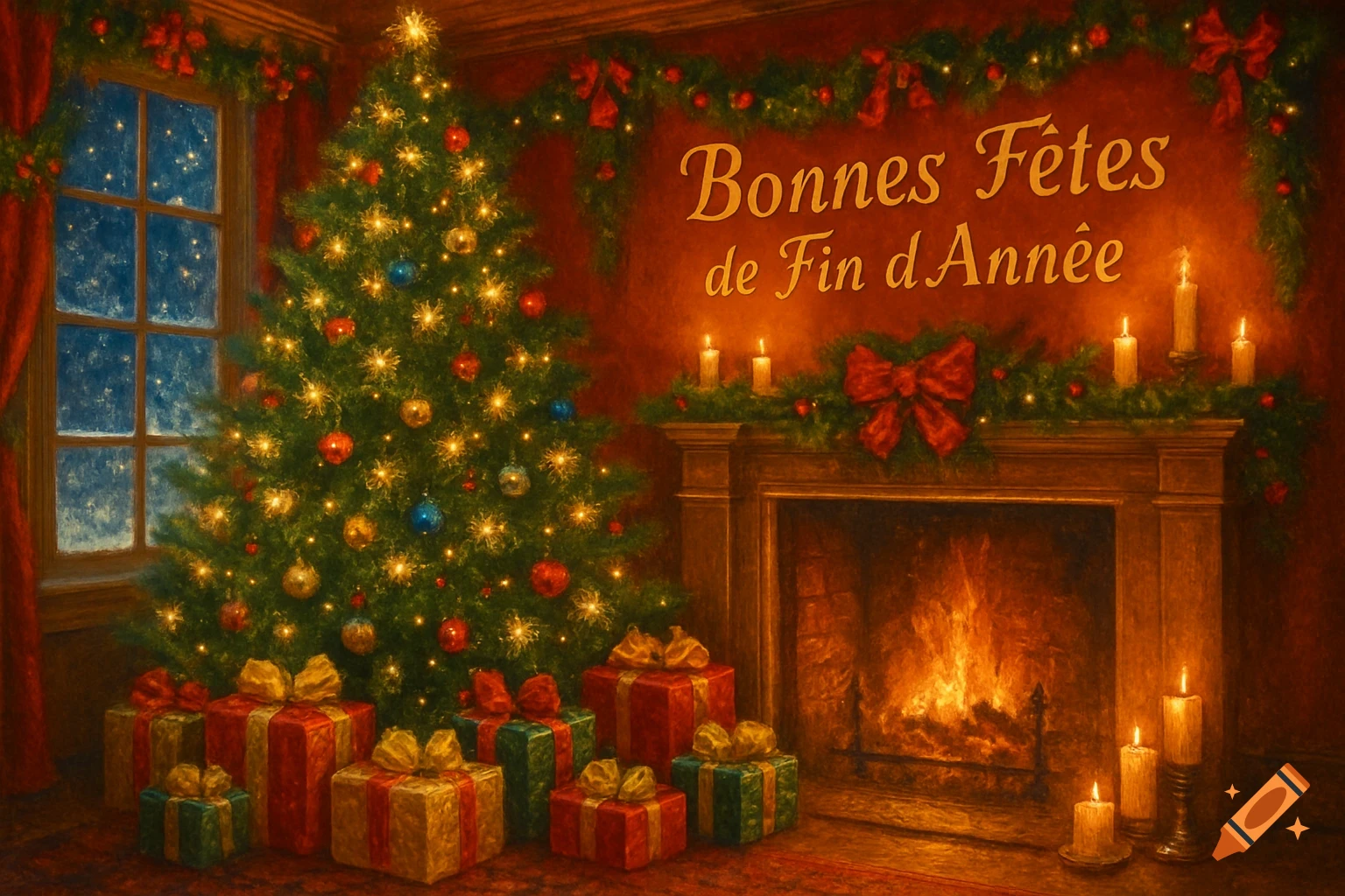 A festive room with a decorated Christmas tree and presents by a window, a lit fireplace, and "Bonnes Fêtes de Fin d'Année" text on the wall.