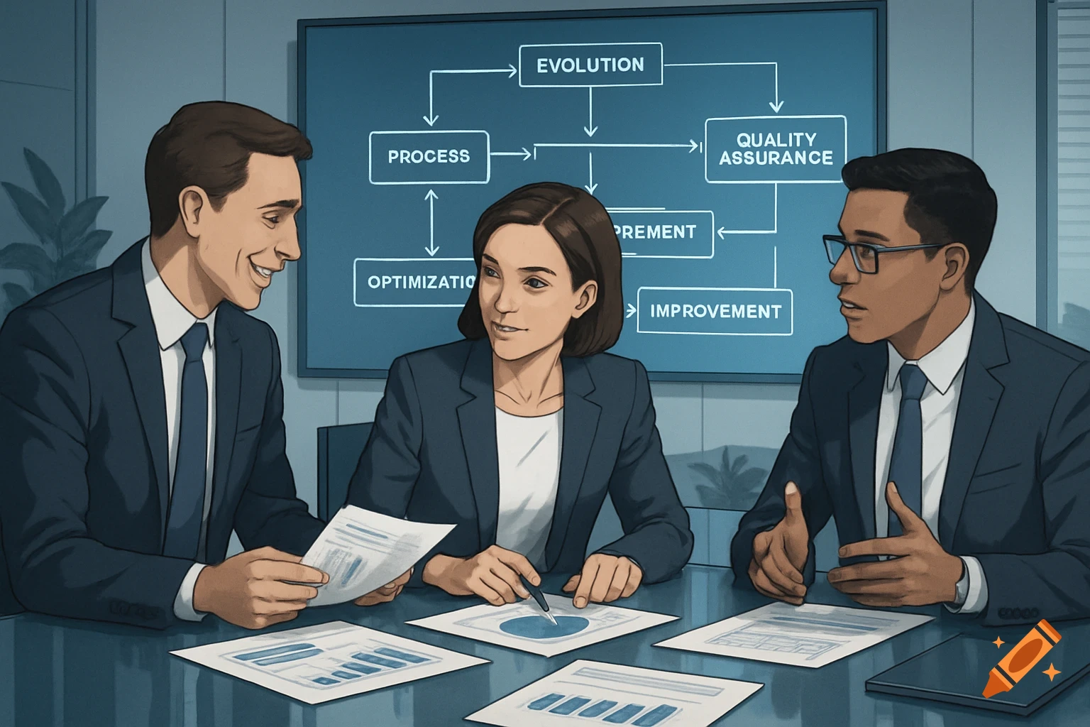 Three business professionals, two men and one woman, in a meeting, discussing documents with a flowchart on a screen behind them.