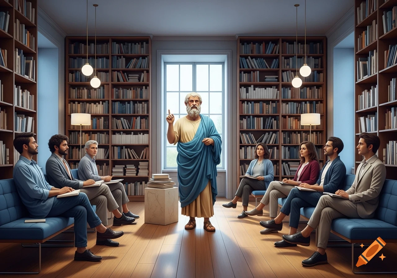 An ancient Greek philosopher in a blue toga lectures a diverse group of modern students seated on couches in a grand library filled with bookshelves.