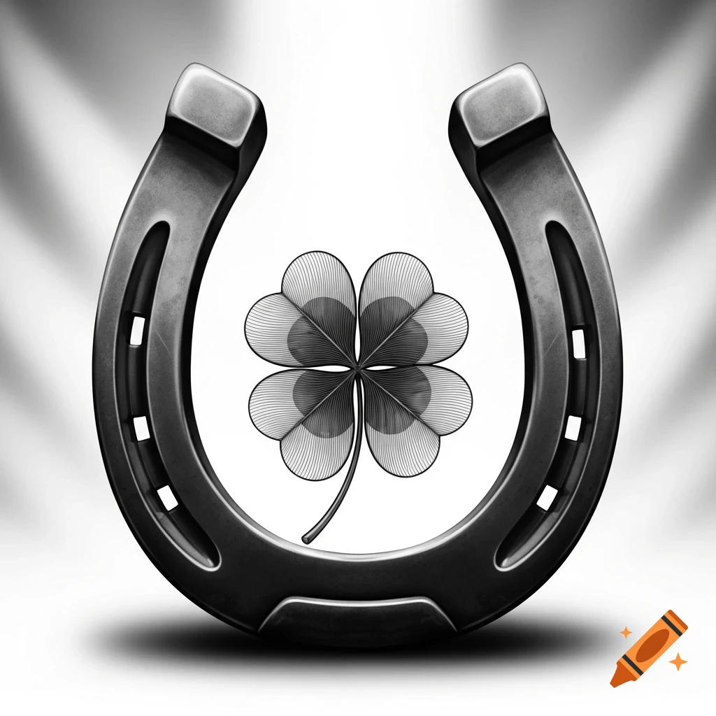 A black and white image of an upside-down horseshoe with a stylized four-leaf clover centered inside.