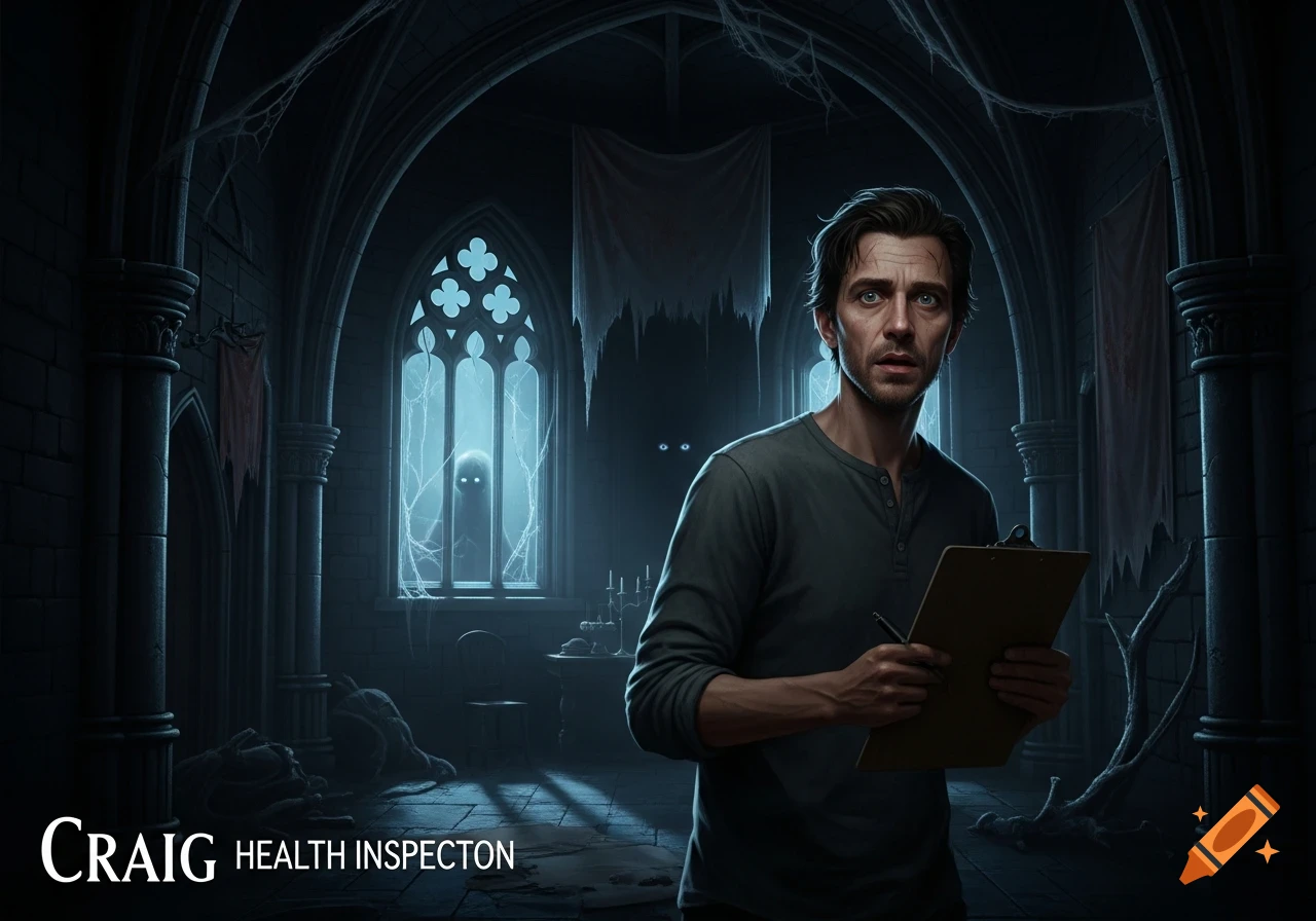 A scared man with a clipboard in a dark, abandoned Gothic room, with shadowy figures in the background and a window, digital painting.