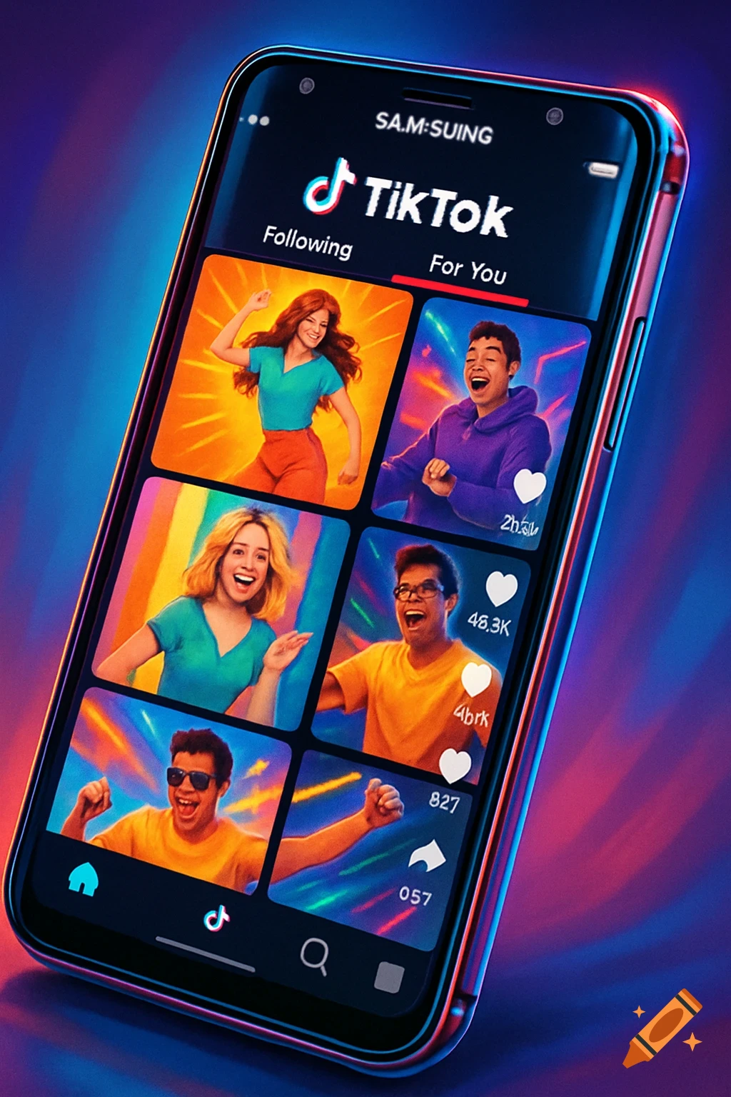 A stylized Samsung smartphone displays a TikTok-like app with a grid of six vibrant video thumbnails featuring diverse people dancing and posing enthusiastically against colorful backgrounds.