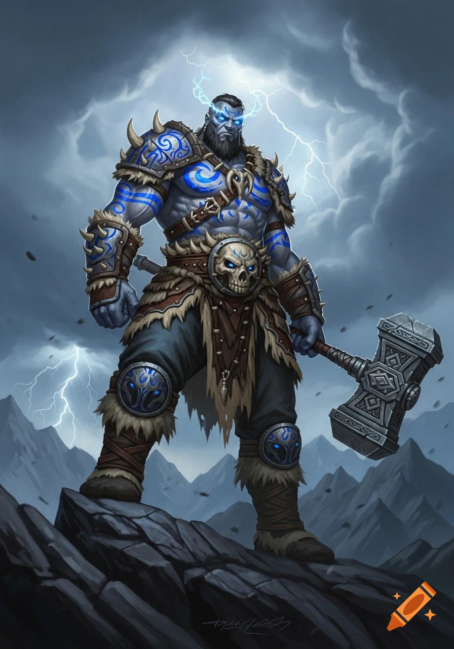 A powerful D&D goliath barbarian with blue war paint and glowing eyes stands on a rocky peak, holding a great hammer as lightning strikes.