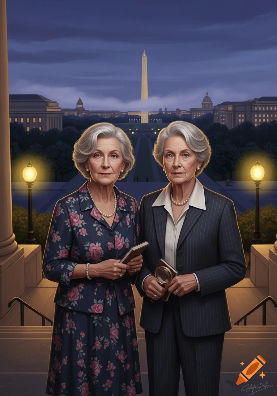 Two elderly women, one in a floral dress and one in a pinstripe suit, stand on steps overlooking the Washington Monument at dusk.