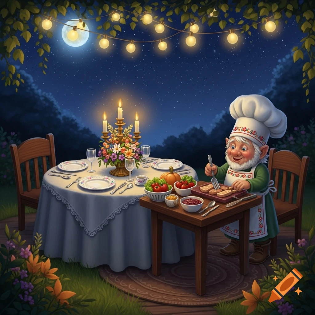 A smiling gnome chef prepares a fancy dinner on a wooden table outdoors under a starry night sky with string lights and a full moon.