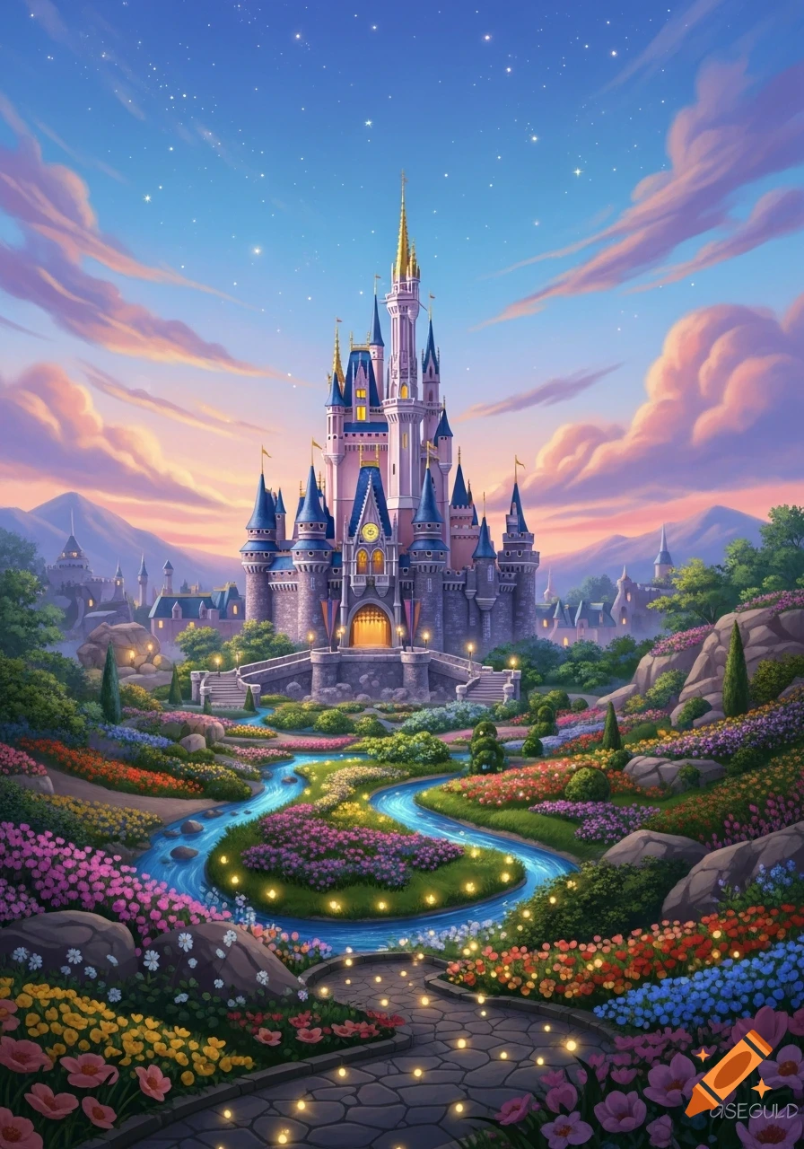 Majestic pink and blue fairytale castle with golden spires, surrounded ...