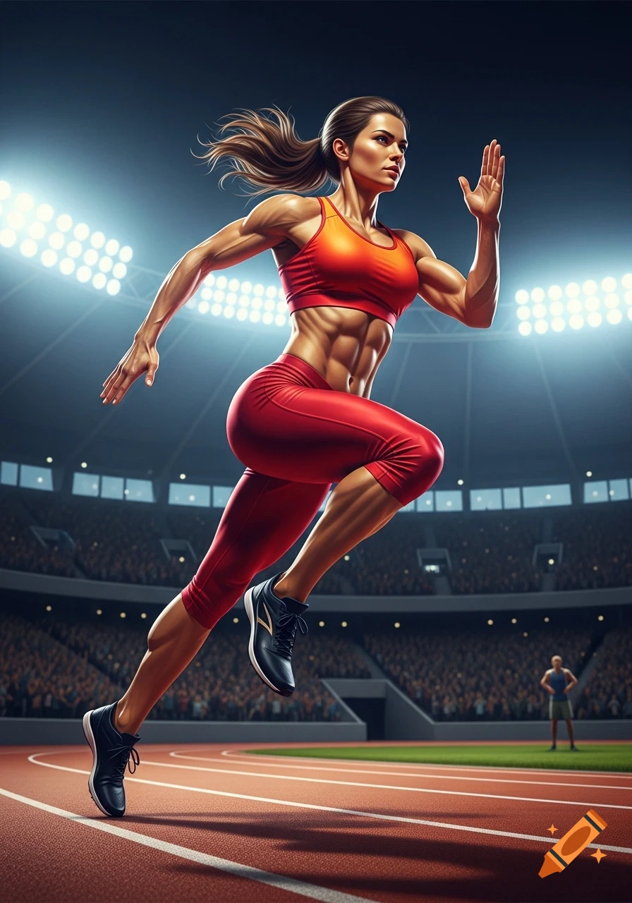 A powerful female athlete in red sportswear sprints on a stadium track under bright lights.