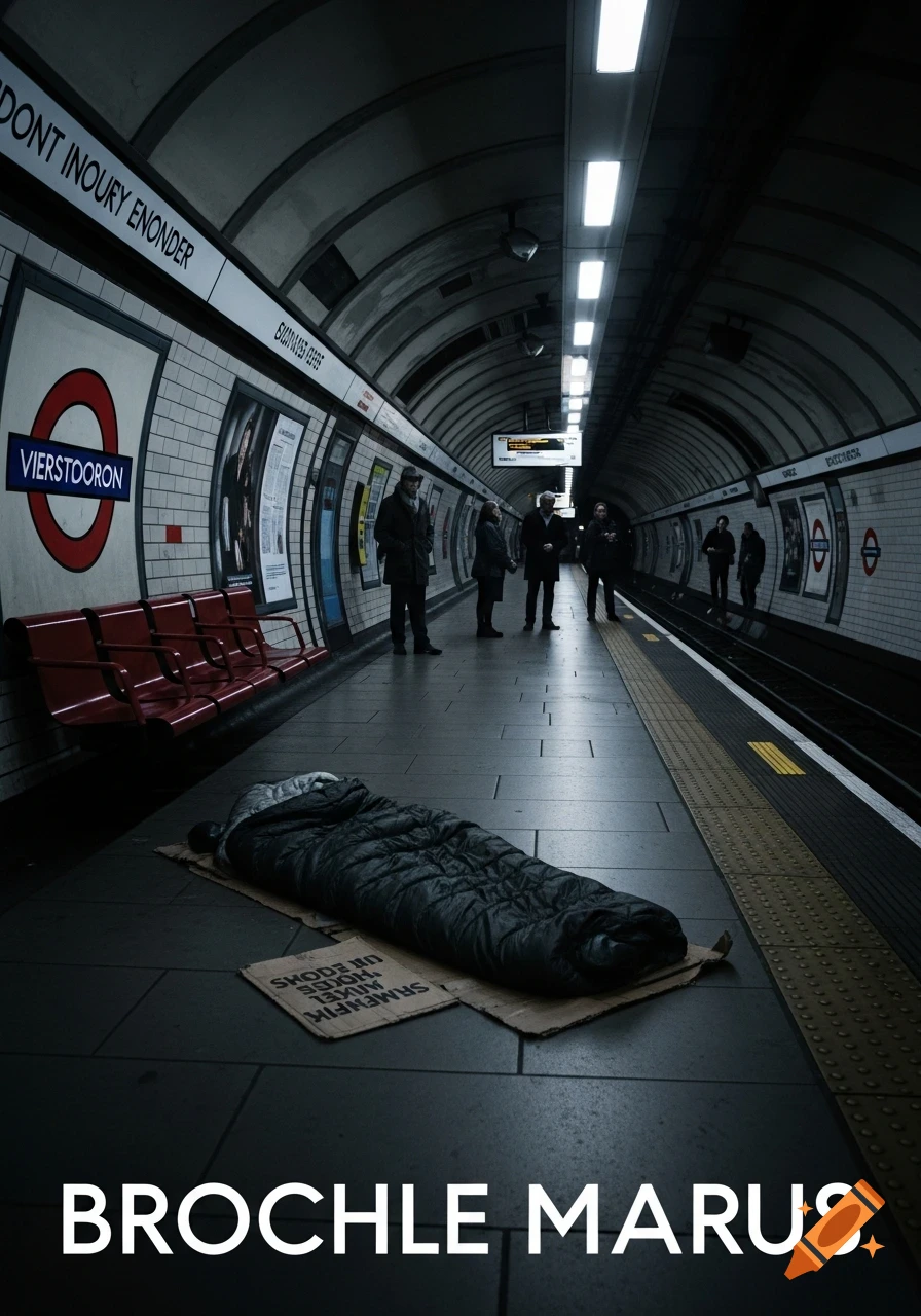 A dark, atmospheric scene inside a London Underground station with a sleeping bag on the platform. Several people stand in the background, lit by overhead lights.