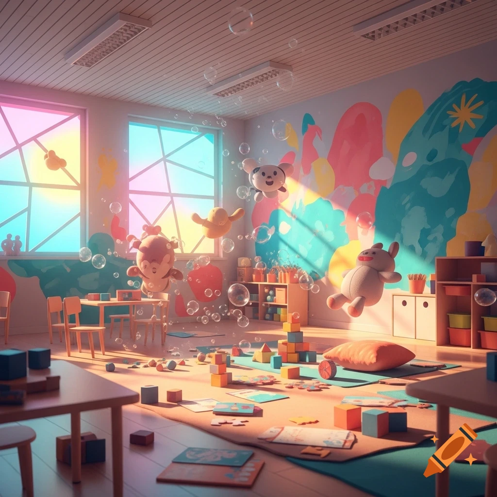 A vibrant dreamcore kindergarten classroom with floating plush toys, bubbles, building blocks, and colorful wall drawings.