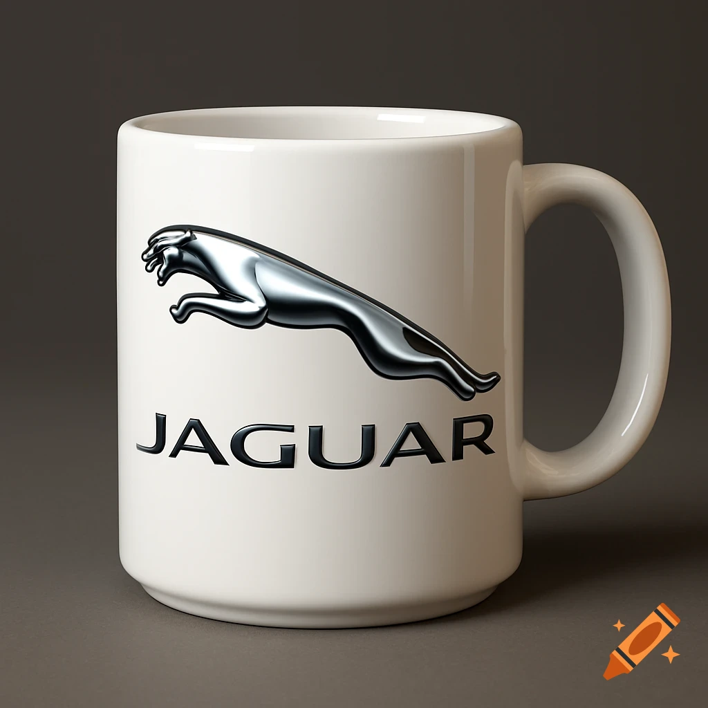 A white mug featuring a silver 3D Jaguar car brand logo and the word 'JAGUAR' in black text.