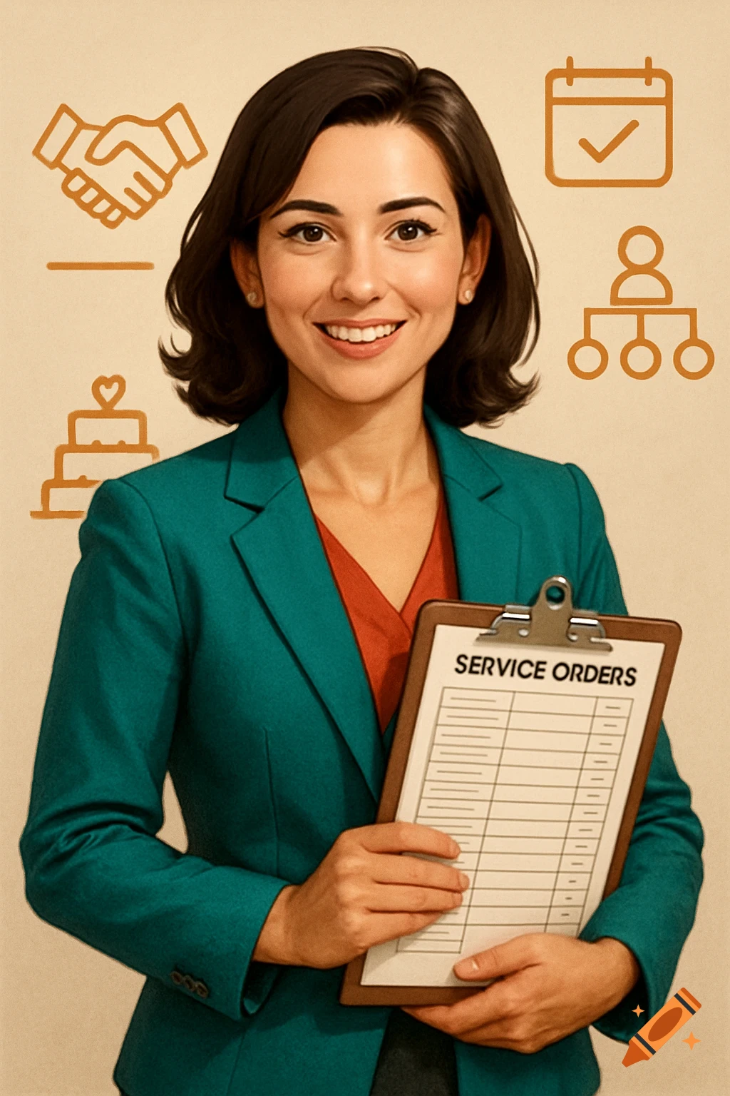 A smiling professional woman in a teal blazer holds a clipboard with 'SERVICE ORDERS,' surrounded by business and event planning icons.