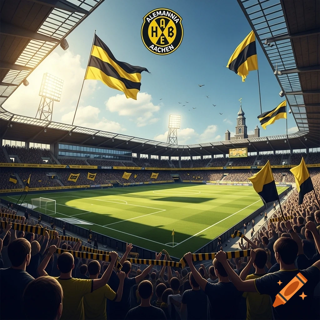 A wide view of a packed football stadium, with fans holding up yellow and black scarves and flags, featuring the Alemannia Aachen logo in the sky.