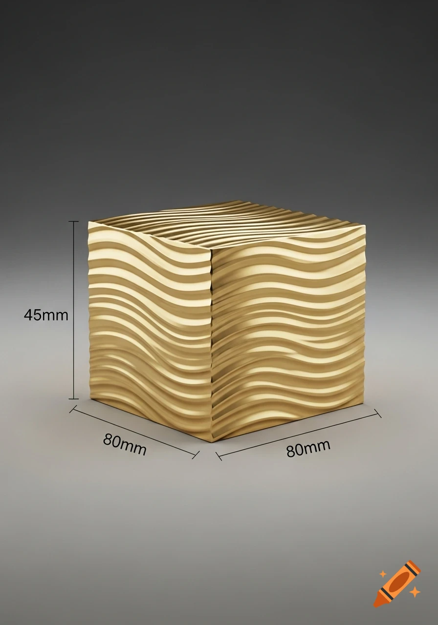 A golden metal block with a wavy textured surface, displaying dimensions of 45mm height and 80mm width.