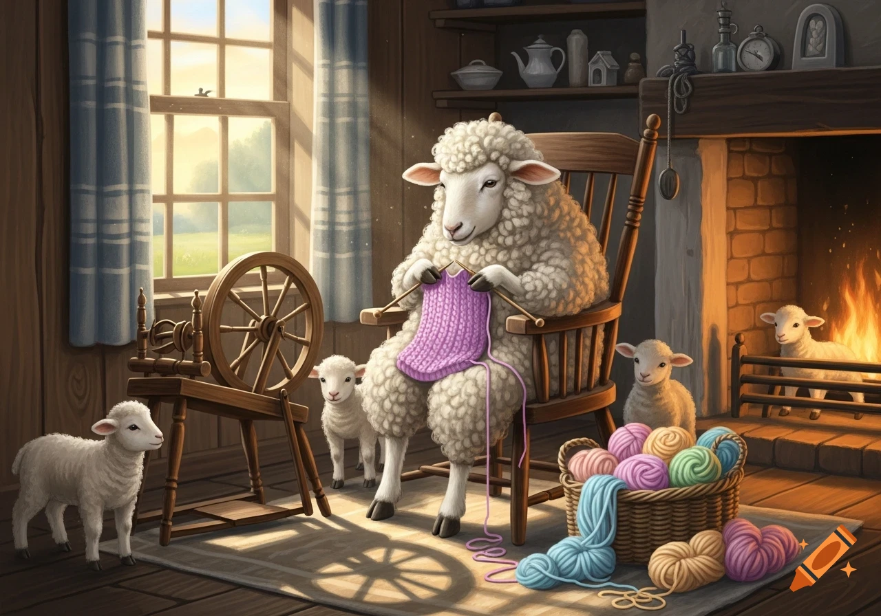 A fluffy white sheep knits a purple scarf in a cozy room, surrounded by playful lambs and baskets of colorful yarn, near a fireplace and spinning wheel.