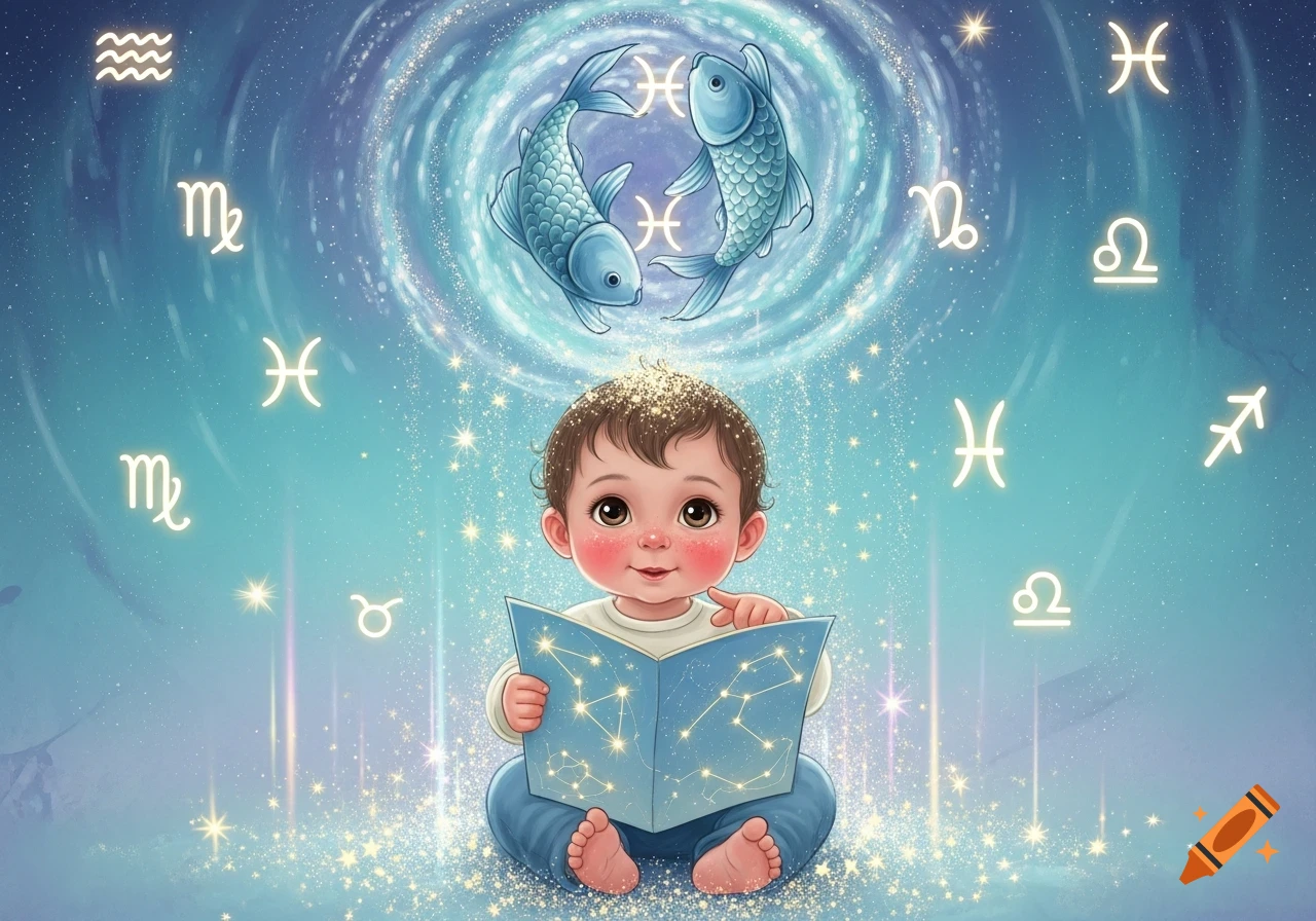 A cute cartoon baby sits holding a constellation book amidst sparkling dust. Two blue Pisces fish swim in a starry vortex above, surrounded by glowing zodiac symbols.