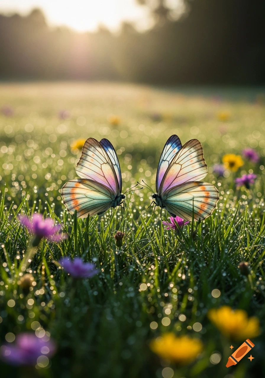 Two colorful butterflies face each other in a dewy field of green grass and small wildflowers during sunrise, photorealistic.