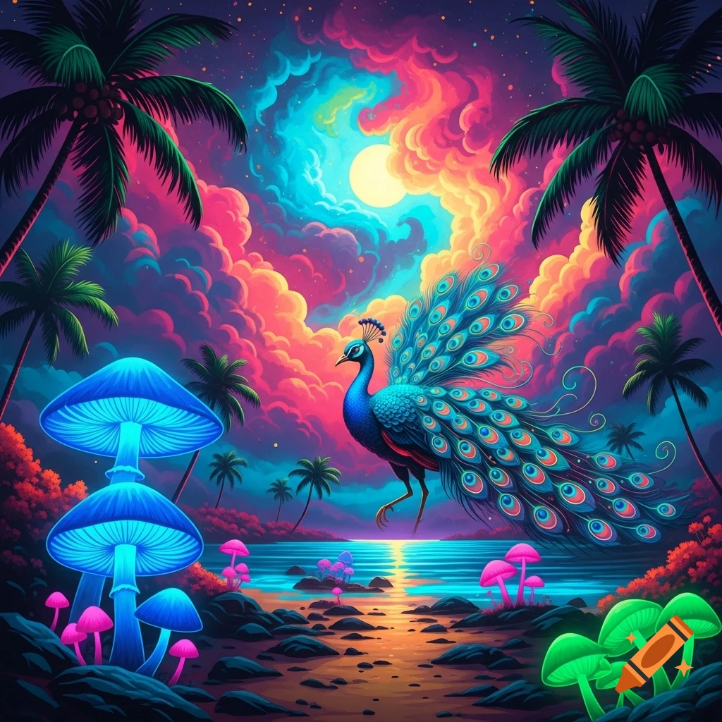 A vibrant, neon-colored fantasy landscape with a peacock on a beach, glowing blue and pink mushrooms, under a swirl of colorful clouds and a bright moon.