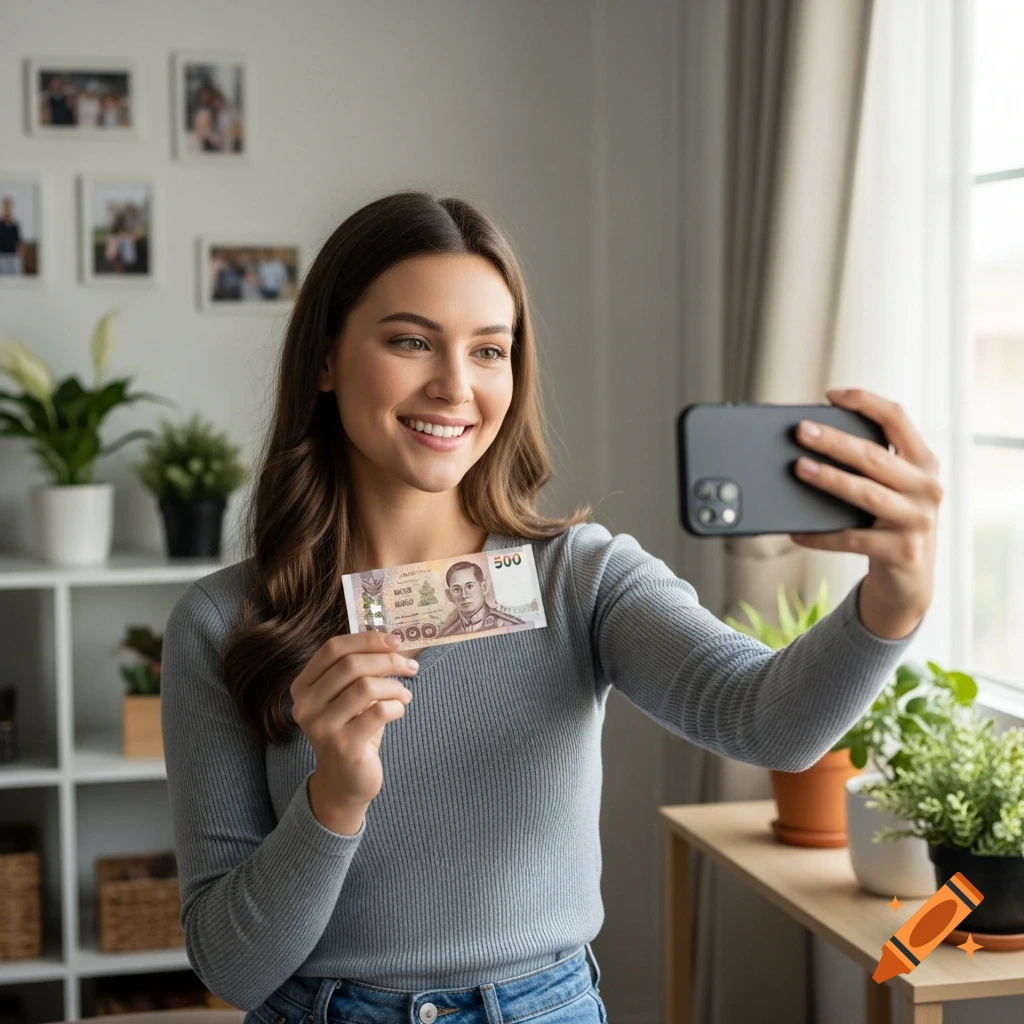 A smiling woman takes a selfie, holding a 500 Thai Baht banknote in one hand and her phone in the other, in a home setting.