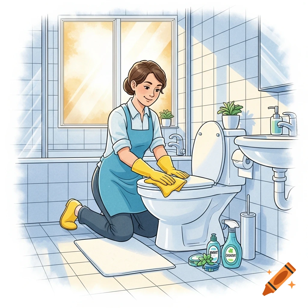An illustration of a woman in an apron and gloves kneeling to clean a toilet in a brightly lit bathroom.