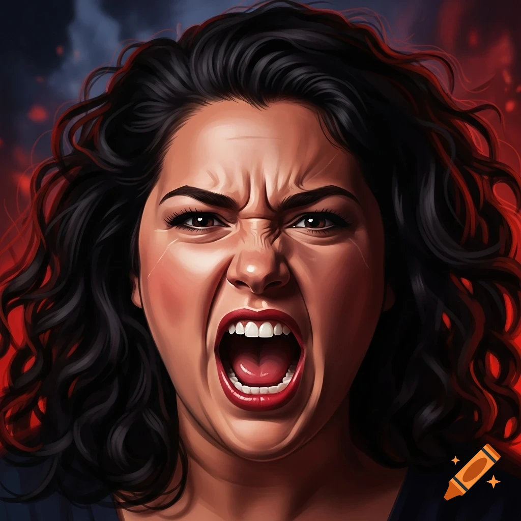 Close-up illustration of a woman with dark hair screaming in anger, with a red and dark background.