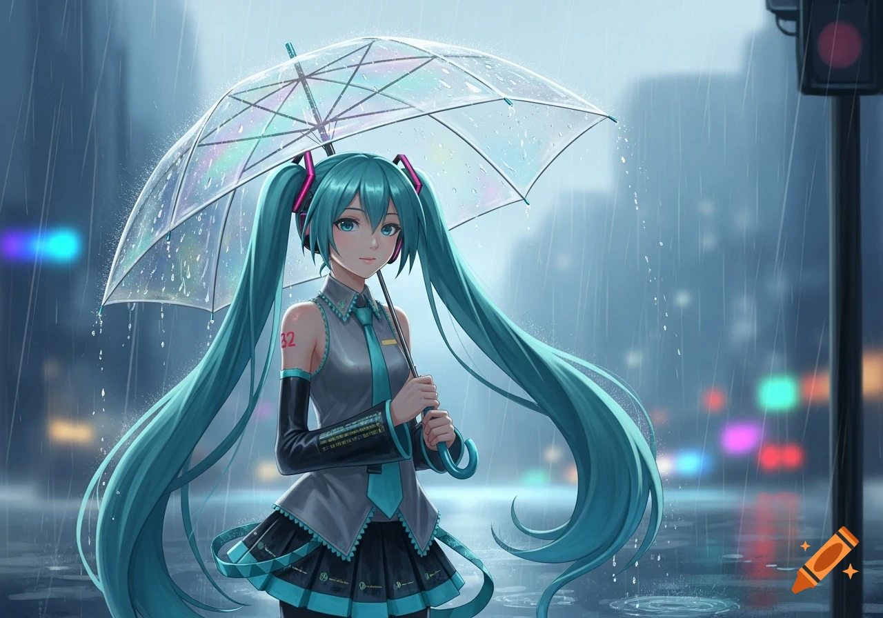 Hatsune Miku, an anime girl with long turquoise pigtails, holds a clear umbrella in the rain, city lights blur in the background.