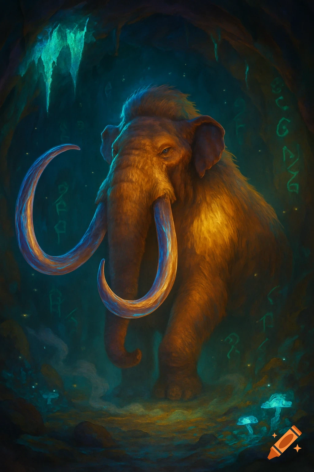 A majestic woolly mammoth with glowing blue tusks stands in a dark, magical cave, illuminated by glowing green mystical symbols and luminous mushrooms.