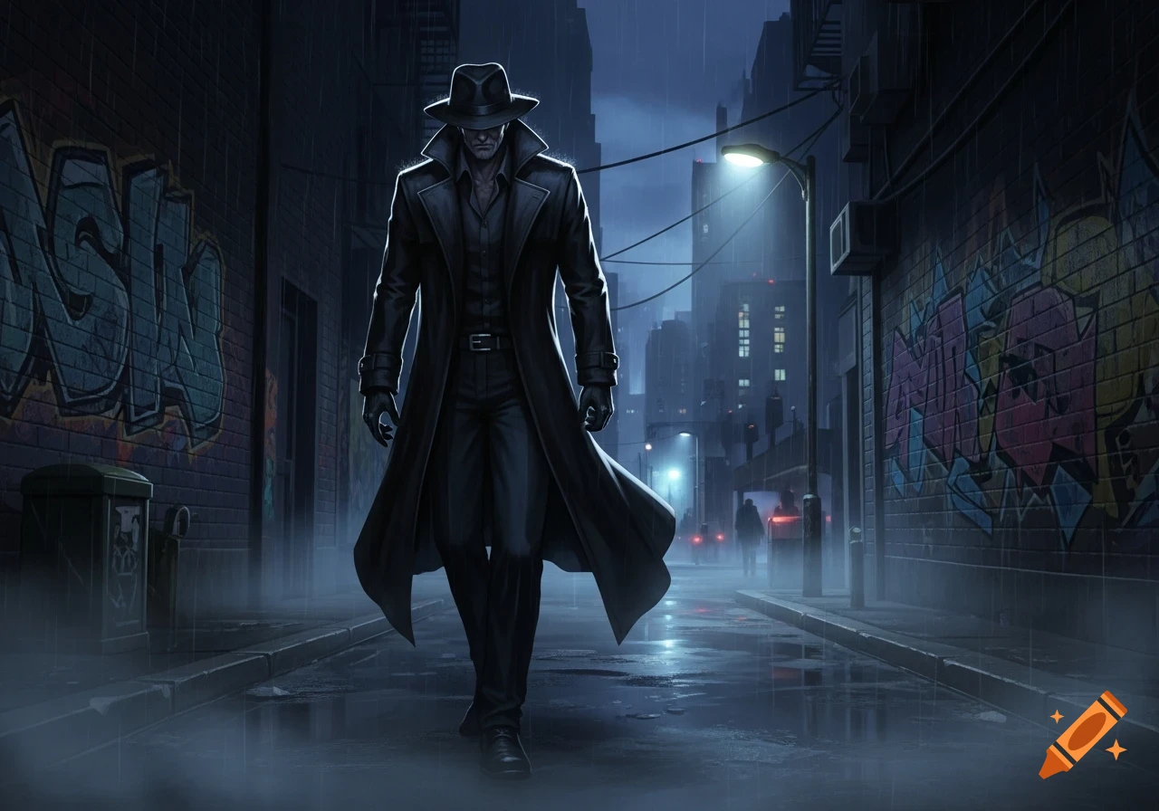 A mysterious figure in a dark trench coat and hat walks through a rainy, graffiti-covered city alley at night in a digital art style.