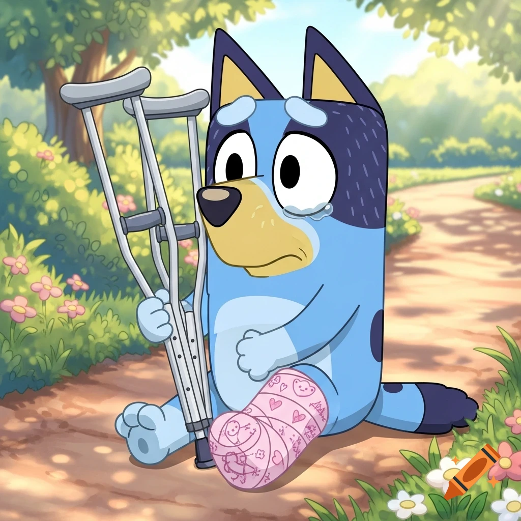 A crying cartoon Bluey Heeler dog, holding crutches and wearing a pink leg cast, sits on a park path.