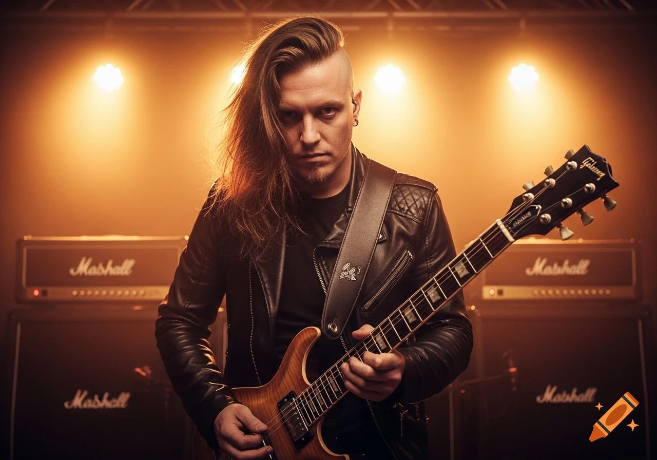 A male guitarist with long, flowing hair and a shaved side plays an electric guitar on stage, bathed in warm spotlight, with Marshall amplifiers behind him.