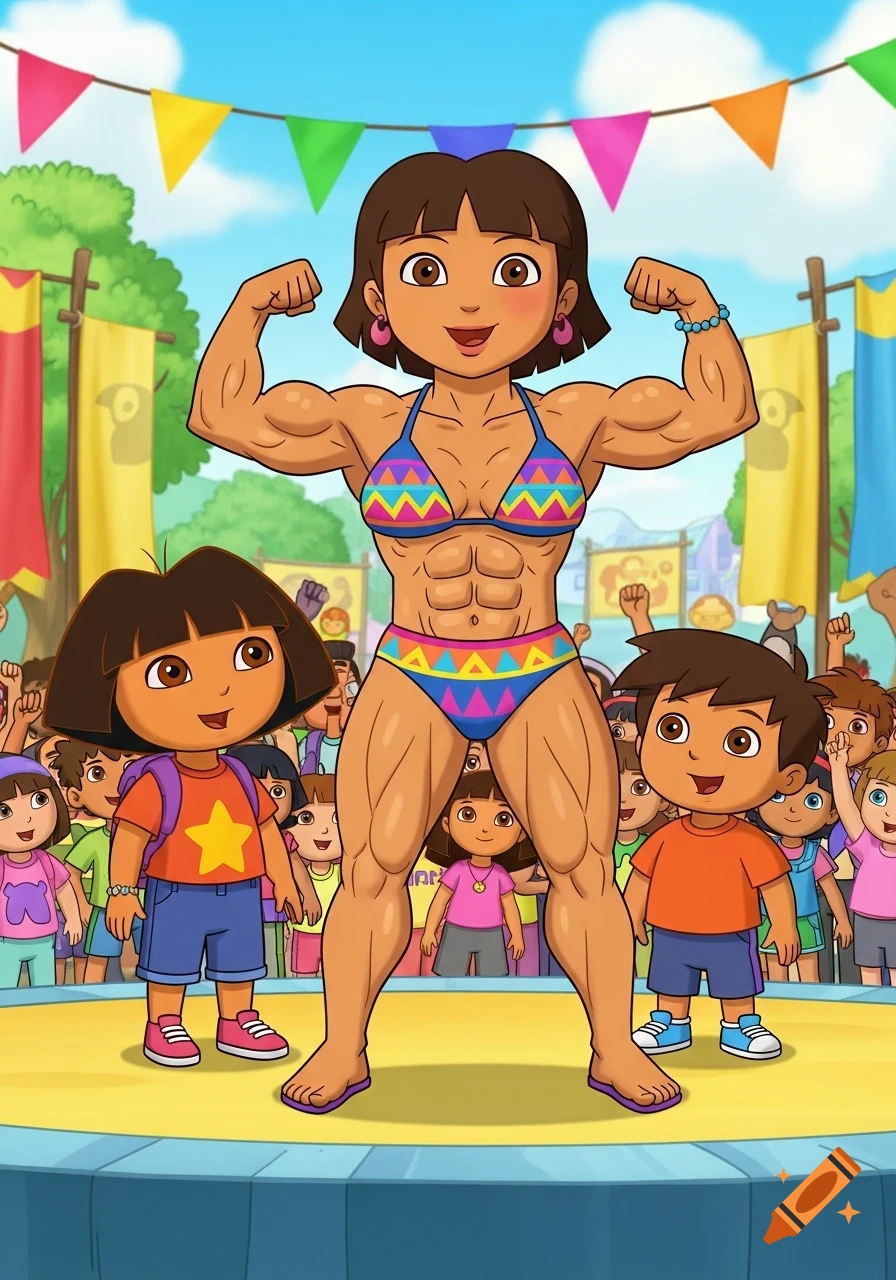 Dora the Explorer's mother, Mami, flexing muscular arms and abs in a colorful bikini on a stage, with child Dora and Diego cheering.