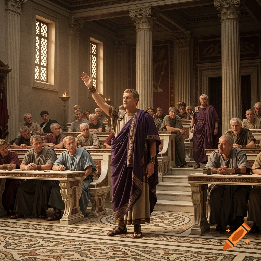 A Roman senator in a purple toga stands with a raised arm, addressing other senators in a grand, photorealistic senate hall.