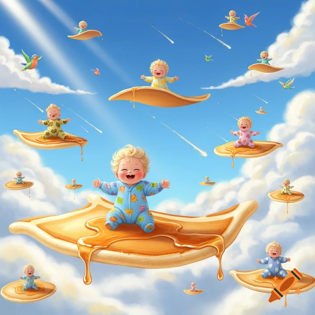 Happy babies in colorful onesies fly on syrup-covered pancakes through a whimsical blue sky with clouds and shooting stars.