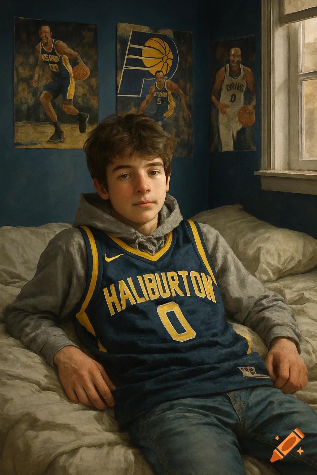 A boy wearing a blue and yellow 'HALIBURTON 0' Pacers jersey and a hoodie lies on a bed in a navy blue room with basketball posters.